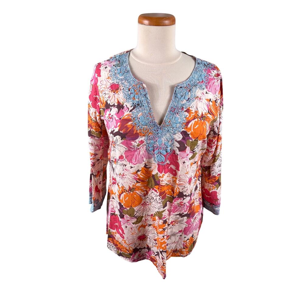 Sundance Womens Medium Cotton Split Neck 3/4 Sleeve Embroidered Tunic Top Blouse